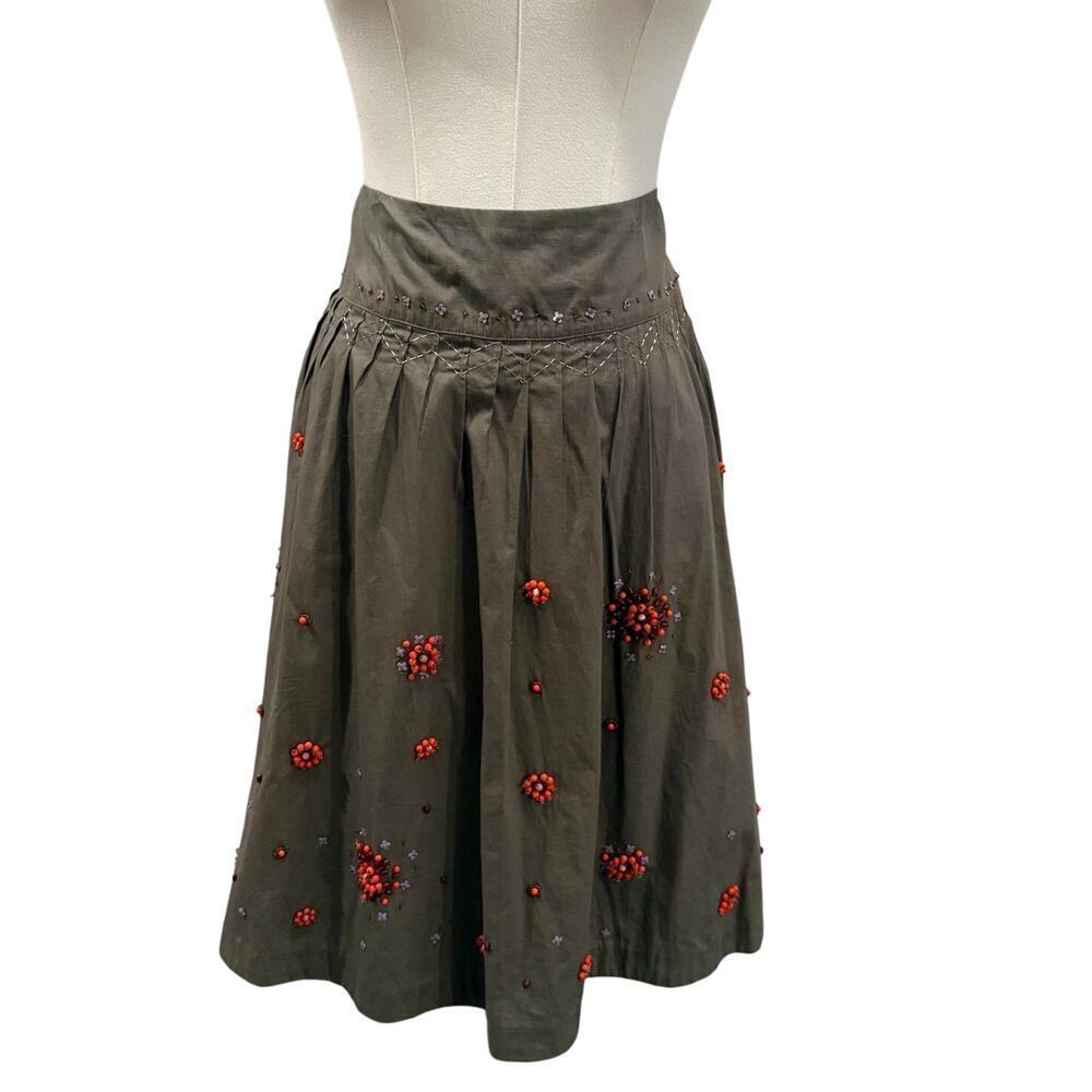 Odille Anthropolgie Embroidered Beaded A Line Skirt Olive Green Boho 2 Y2K Artsy